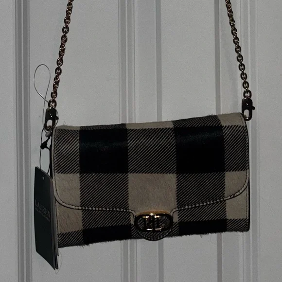 Ralph Lauren Black and Cream Plaid Crossbody Buffalo check hair on hide wallet - Picture 3 of 15